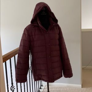 Wine colored puffer coat with hood.